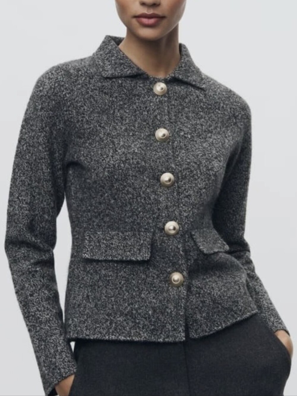 ZARA Twisted 100% Wool Gray Marl Jacket with Gold Tone Buttons Medium